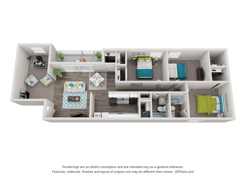 Floor plan for 3 beds, 2 baths, 1241 sqft
